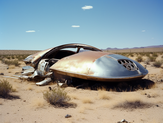 Wreckage of a flying disc in the desert