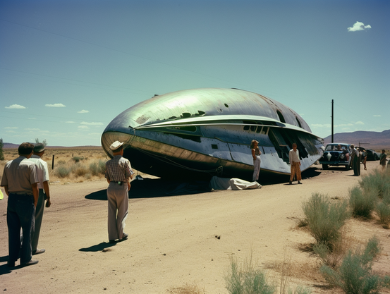 A damaged streamlined silver spaceship by the side of a desert road, with cars and curious onlookers gathered round