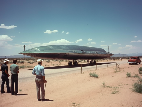 A large sleek chrome aircraft on landing gear on a desert road, with civilian onlookers