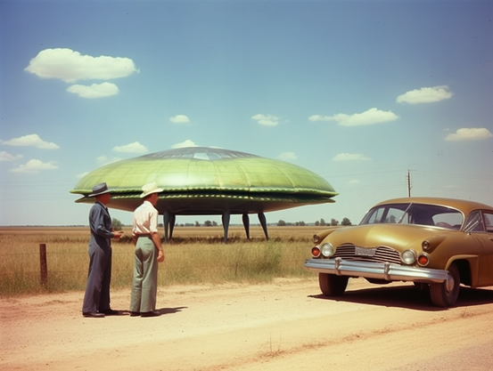 Two men stand near their car on a dirt road, with a large green flying saucer in a field behind them