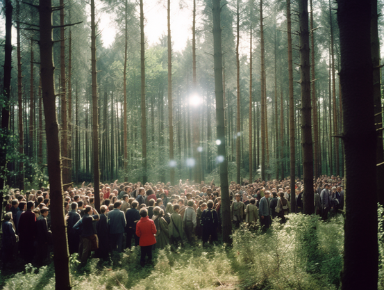 A crowd of people in a forest looking expectantly at a light in the distance