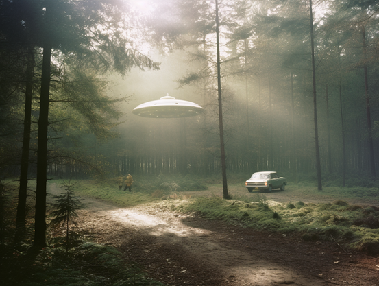 A UFO hovering over two people and a car in a forest clearing