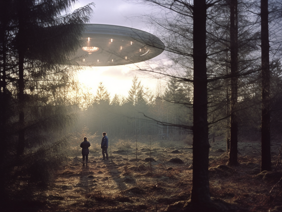 A huge flying saucer hovers over two people in a forest clearing as dusk falls