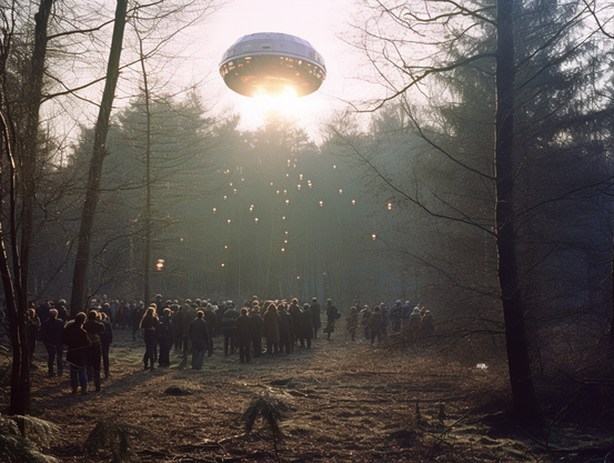 A shower of sparks falls from a UFO over a crowd of people in a forest clearing