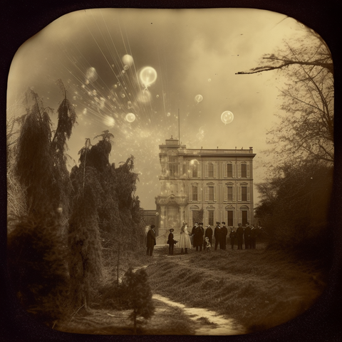 Balls and streams of light above a three story Italianate house in spacious grounds