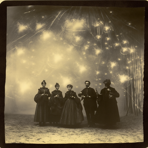 A group of people standing in an orchard or garden with sparks and lights flashing above them