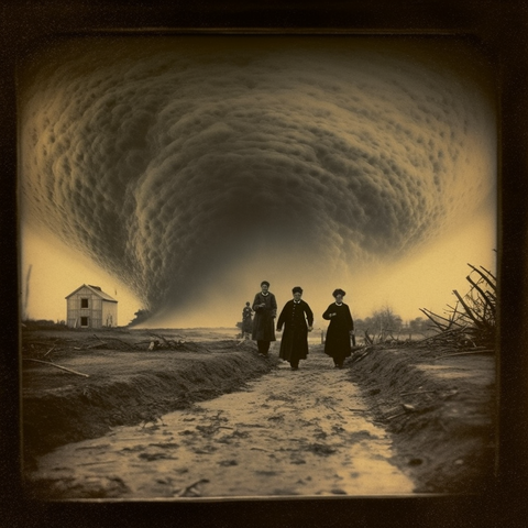Three people walk purposefully down a muddy country track as a huge, strange cloud billows behind them 