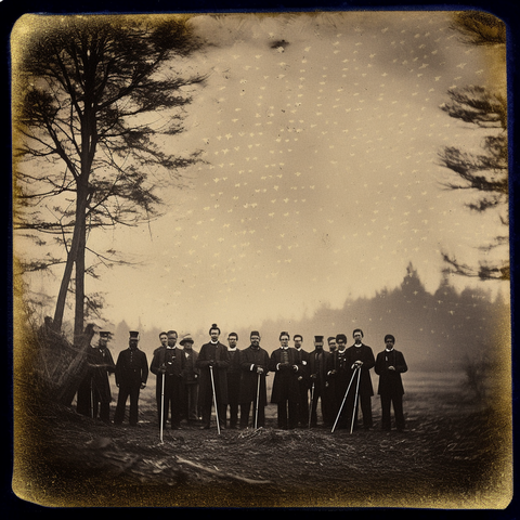 A group of men, possibly surveyors, pose in an outdoor setting as a geometric formation of lights appears behind them