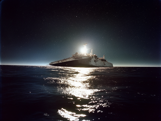A light flares over a strange warship on the horizon against the gleam of dawn