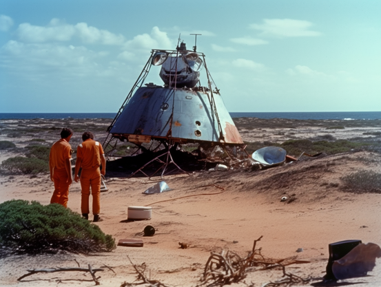 Two people in orange jumpsuits look at the wreckage of a space capsule
