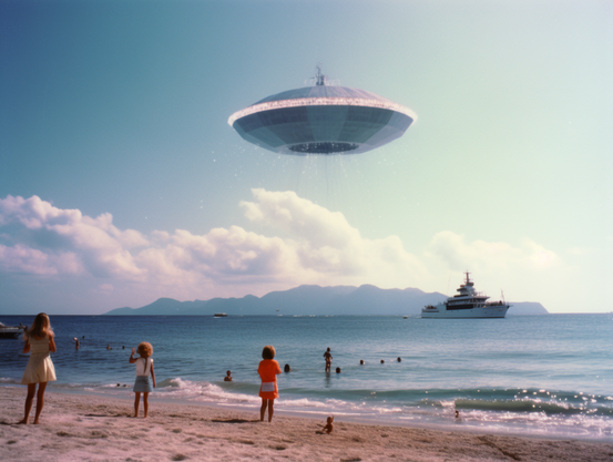 Children stand on a beach watching a large UFO hovering overhead
