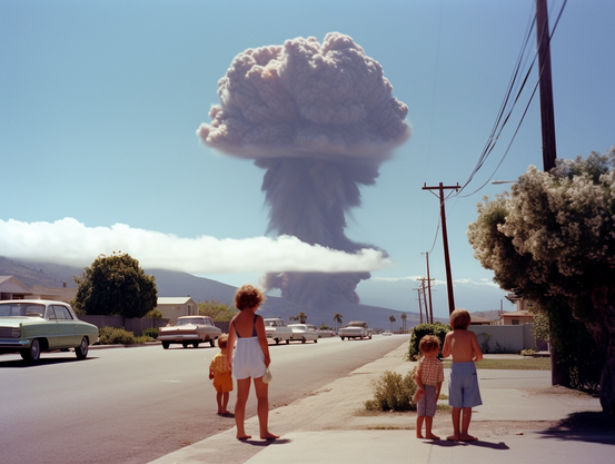 Children stand on a street watching a large mushroom cloud bloom