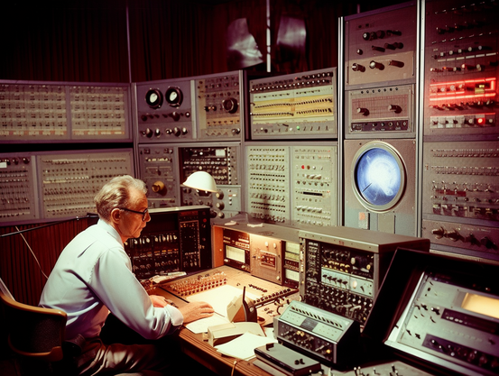 An astronomer sitting at a desk in front of banks of electronics