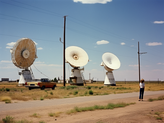 A child stands looking at three radio telescopes of unusual design next to a country road