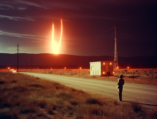 A person stands on a country road at night watching twin ICBM launches in the distance