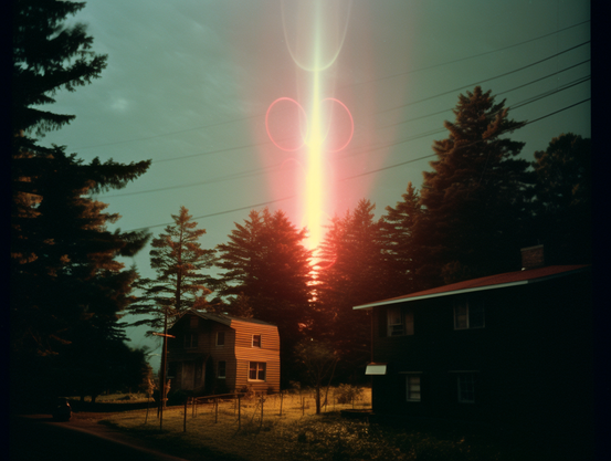 A red and blue beam of light shoots upwards from behind a house nestled among woods