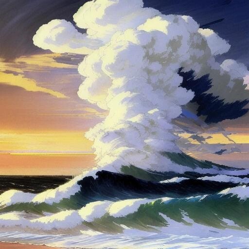 Image with seed 3597549713 generated via Stable Diffusion through @stablehorde@sigmoid.social. Prompt: studio ghibli, Joaquín Sorolla, realistic 90s anime illustration of a digitized painting of a sea storm, impasto black and white brush strokes, hq, acclaimed artwork by turner, clear sunny day, warm tones and shades, variations in tone and texture, harsh shadows, harsh lighting, pastel colors, heatwaves in air