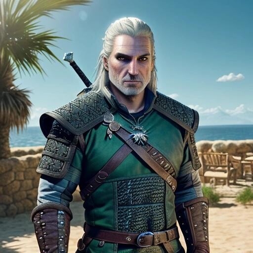 Image with seed 3617937593 generated via Stable Diffusion through @stablehorde@sigmoid.social. Prompt: A highres photo of the character geralt from the Witcher, drinking a potion with his left hand and swinging a sword with his right hand, summer vibes, warm light, golden tint