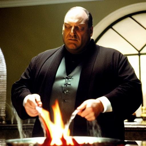 Image with seed 2189559423 generated via Stable Diffusion through @stablehorde@sigmoid.social. Prompt: tony soprano making holy water by boiling the hell out of it