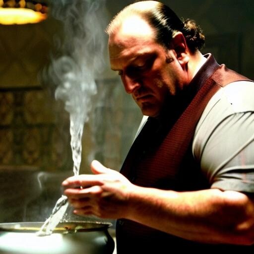 Image with seed 1626772014 generated via Stable Diffusion through @stablehorde@sigmoid.social. Prompt: tony soprano making holy water by boiling the hell out of it