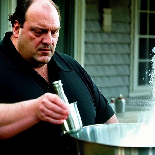 Image with seed 3444033190 generated via Stable Diffusion through @stablehorde@sigmoid.social. Prompt: tony soprano making holy water by boiling the hell out of it