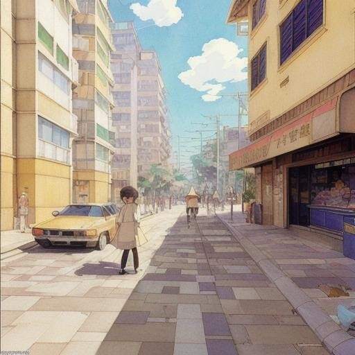 Image with seed 3476448296 generated via Stable Diffusion through @stablehorde@sigmoid.social. Prompt: studio ghibli, Joaquín Sorolla, realistic 90s anime illustration of In the morning in the street the crow found a discarded McDonalds bag., clear sunny day, warm tones and shades, variations in tone and texture, harsh shadows, harsh lighting, pastel colors, heatwaves in air