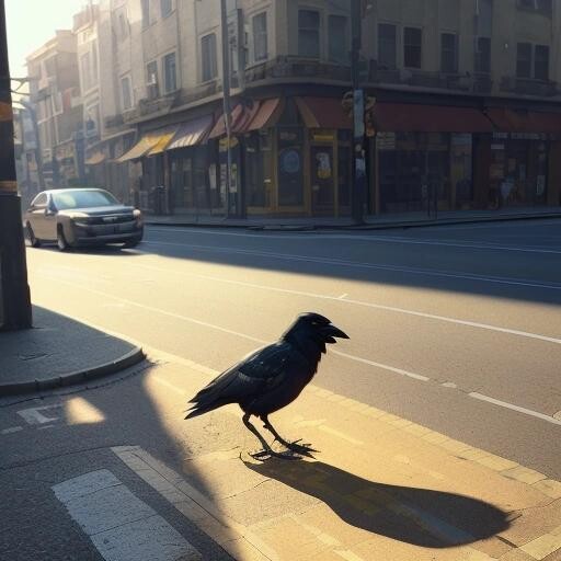 Image with seed 2622488395 generated via Stable Diffusion through @stablehorde@sigmoid.social. Prompt: A highres photo of In the morning in the street the crow found a discarded McDonalds bag., summer vibes, warm light, golden tint