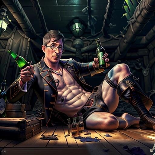 Image with seed 2044024463 generated via Stable Diffusion through @stablehorde@sigmoid.social. Prompt: 8k resolution, splash art, photorealistic, digital painting, a portait of a (sexy:1.2) male pirate (John Oliver:1.4) drinking rum from a bottle , glasses, global illumination, nudity, hot, splash art, art by artgerm and paul cadmus, and viktoria gavrilenko, piratepunkai###woman, beard, fully dressed