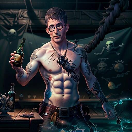 Image with seed 101863253 generated via Stable Diffusion through @stablehorde@sigmoid.social. Prompt: 8k resolution, splash art, photorealistic, digital painting, a portait of a (sexy:1.2) male pirate (John Oliver:1.4) drinking rum from a bottle , glasses, global illumination, nudity, hot, splash art, art by artgerm and paul cadmus, and viktoria gavrilenko, piratepunkai###woman, beard, fully dressed