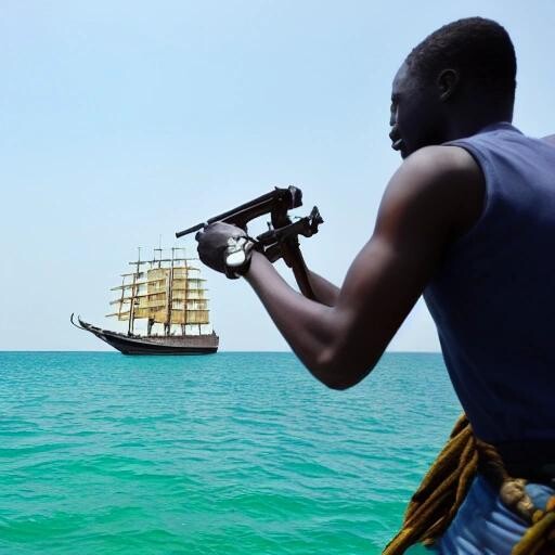 Image with seed 2446514601 generated via Stable Diffusion through @stablehorde@sigmoid.social. Prompt: a Nigerian pirate capturing a yacht.