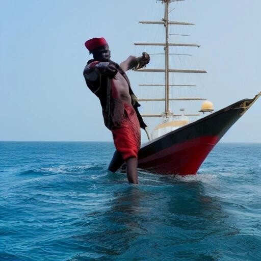 Image with seed 1402708227 generated via Stable Diffusion through @stablehorde@sigmoid.social. Prompt: a Nigerian pirate capturing a yacht.