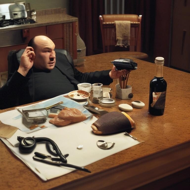 Image with seed 2727866461 generated via Stable Diffusion through @stablehorde@sigmoid.social. Prompt: an incoherent scene comprised of random objects that bear no resemblance to tony soprano