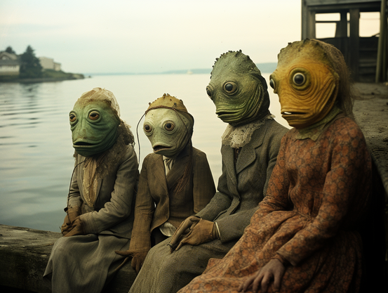 Four lady Deep Ones in their Sunday best
