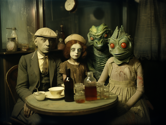 Two humans (with the Innsmouth Look) and two deep ones, having a pint