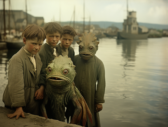 Five children (two of them Deep Ones) by the harbour