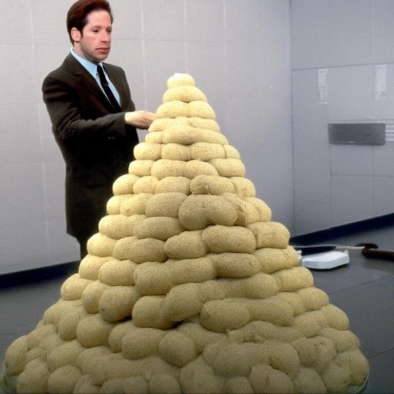 Image with seed 1959910590 generated via Stable Diffusion through @stablehorde@sigmoid.social. Prompt: agent mulder making a mountain out of mashed potatos