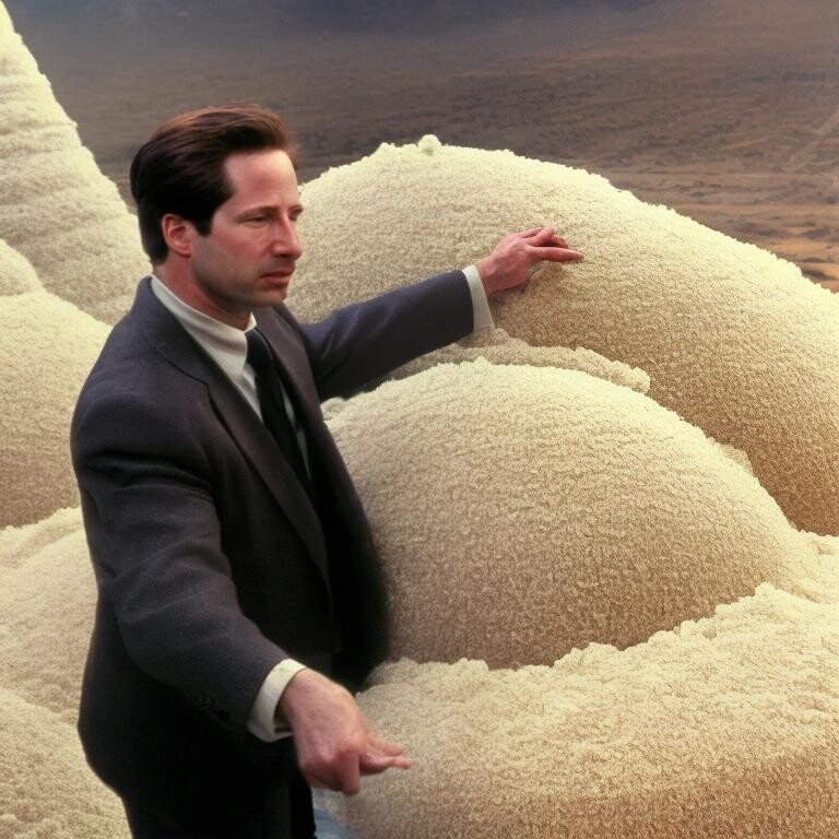 Image with seed 1004940827 generated via Stable Diffusion through @stablehorde@sigmoid.social. Prompt: agent mulder making a mountain out of mashed potatos