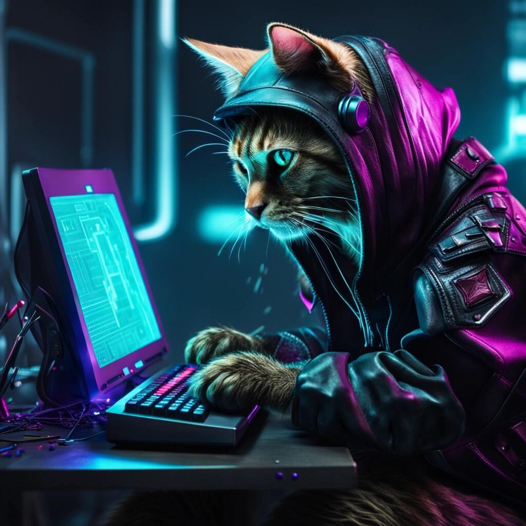 Image with seed 1487910496 generated via Stable Diffusion through @stablehorde@sigmoid.social. Prompt: a cyberpunk cat hacker using a computer