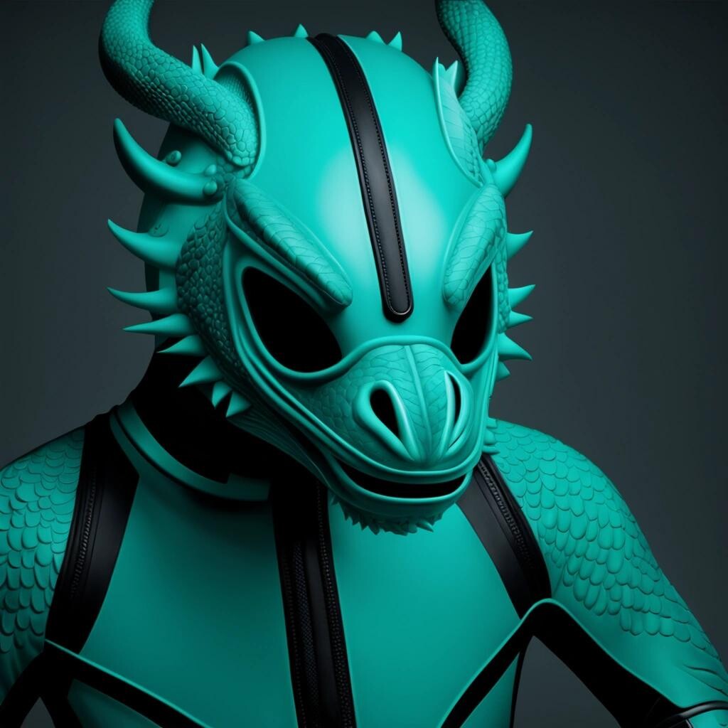 Image with seed 673699691 generated via Stable Diffusion through @stablehorde@sigmoid.social. Prompt: a dragon (rubber mask) (neoprene suit) portrait color teal