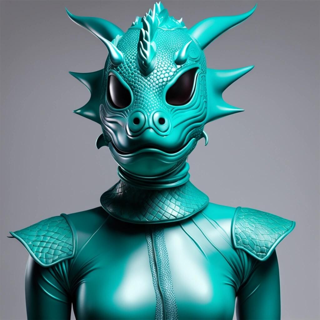 Image with seed 3106532669 generated via Stable Diffusion through @stablehorde@sigmoid.social. Prompt: a water dragon rubber mask zentai suit inflatable portrait color teal