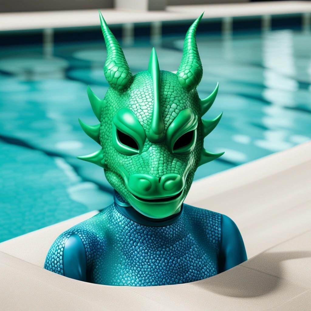 Image with seed 111804578 generated via Stable Diffusion through @stablehorde@sigmoid.social. Prompt: a rubber dragon mask and zentai suit  swimming in a pool color blue green