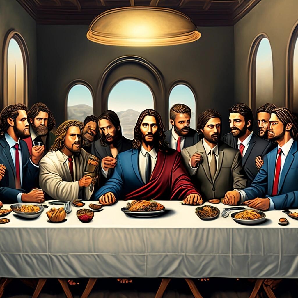 Image with seed 1835466257 generated via Stable Diffusion through @stablehorde@sigmoid.social. Prompt: the last supper but everyone is wearing a business suit