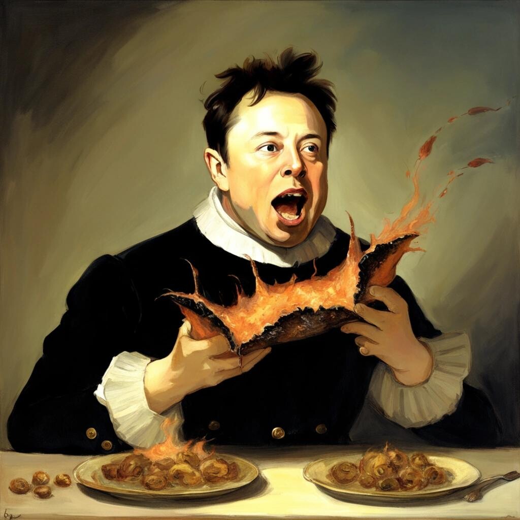 Image with seed 1928512962 generated via Stable Diffusion through @stablehorde@sigmoid.social. Prompt: Elon Musk Devouring Twitter Francisco Goya