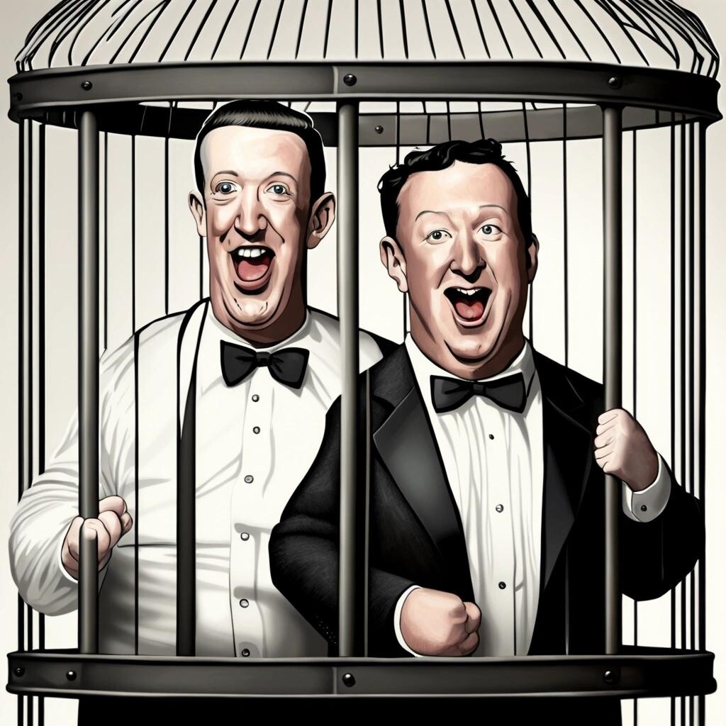 Image with seed 3908537967 generated via Stable Diffusion through @stablehorde@sigmoid.social. Prompt: Mark Zuckerberg and Elon Musk as Stan Laurel and Oliver Hardy fighting in a cage