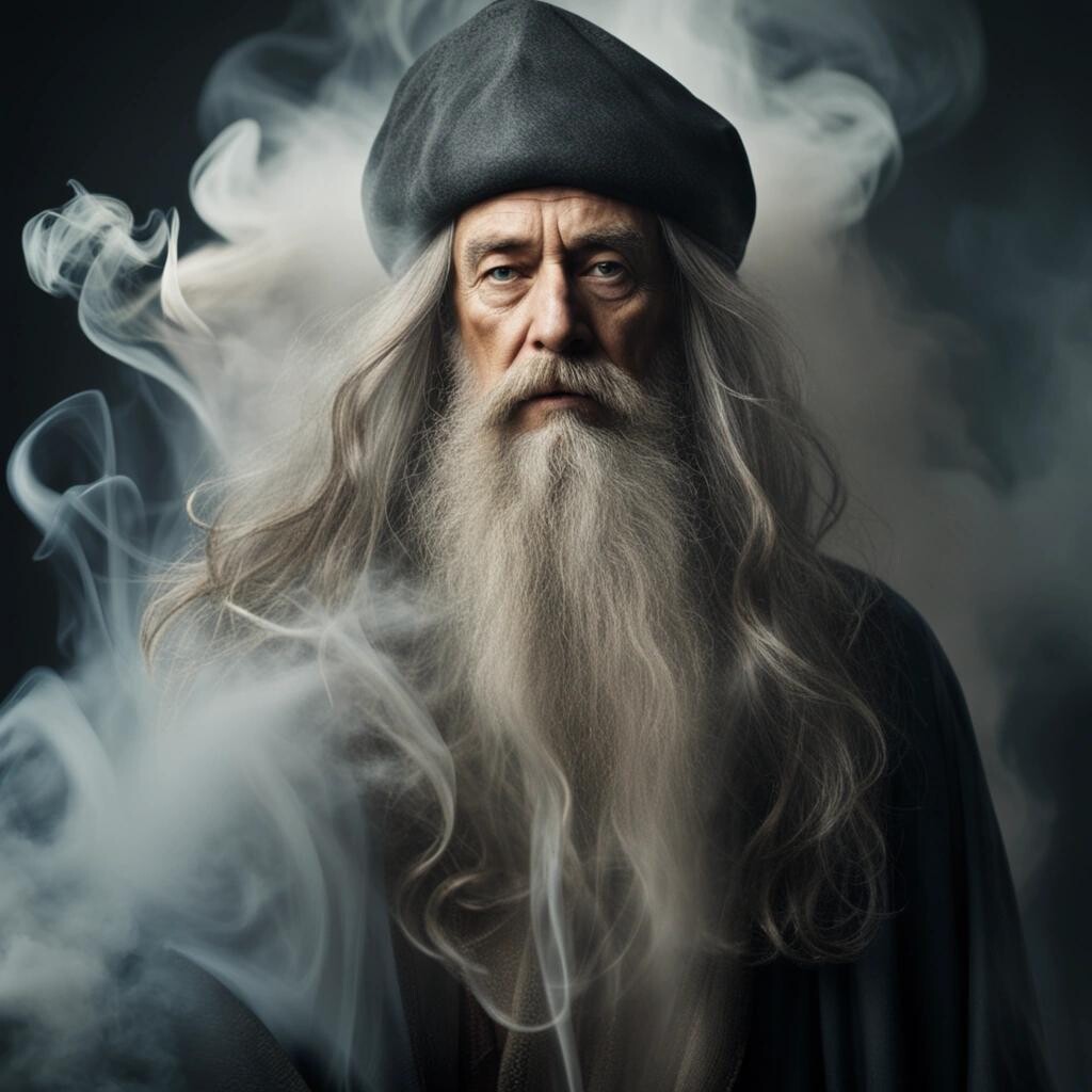 Image with seed 385572837 generated via Stable Diffusion through @stablehorde@sigmoid.social. Prompt: An old wizard with long hair and a long beard dissolves into a cloud of smoke (masterpiece), best quality, expressive eyes, perfect face