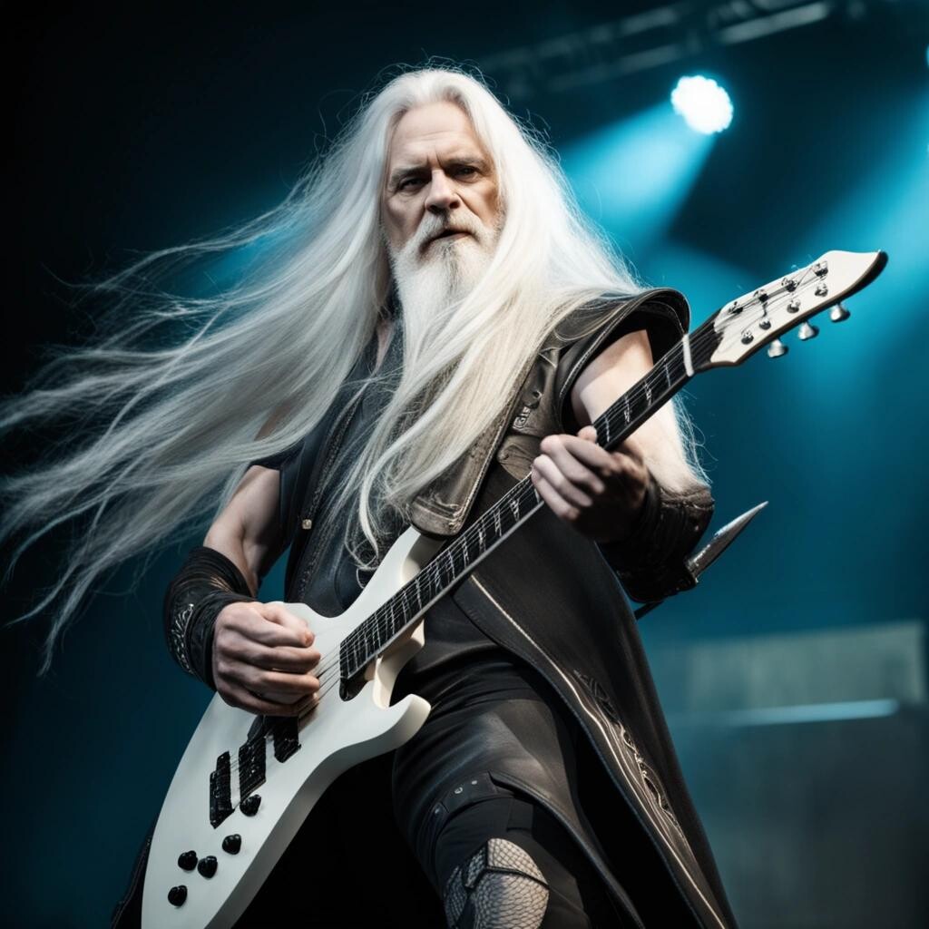 Image with seed 2416449876 generated via Stable Diffusion through @stablehorde@sigmoid.social. Prompt: Power Metal Wizard with long white hair and a long white beard, playing the guitar on stage in a power metal band, (masterpiece), best quality, expressive eyes, perfect face