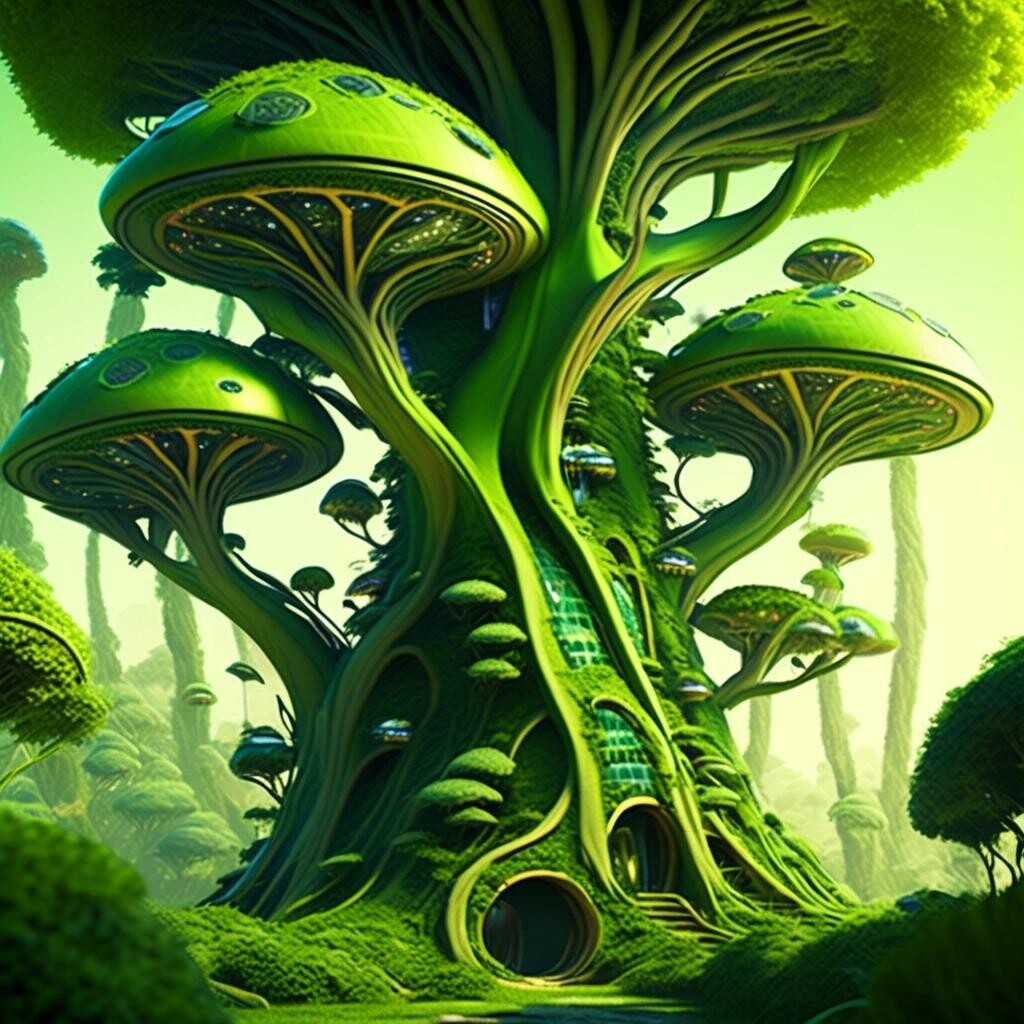 Image with seed 1508168678 generated via Stable Diffusion through @stablehorde@sigmoid.social. Prompt: Planet of the Space Elves, a city of lush green biomorphic treehouses, fantasy, science fiction, scifi, far future, alien planet, lush vegetation, alien lifeforms, whimsical, fairy world