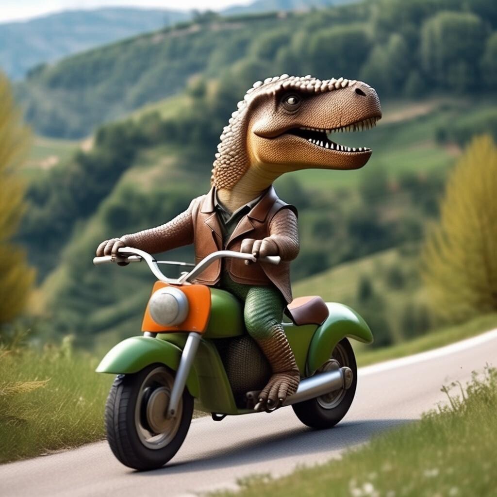 Image with seed 2756101023 generated via Stable Diffusion through @stablehorde@sigmoid.social. Prompt: a dinosaur riding a motorbike in the Italian hills