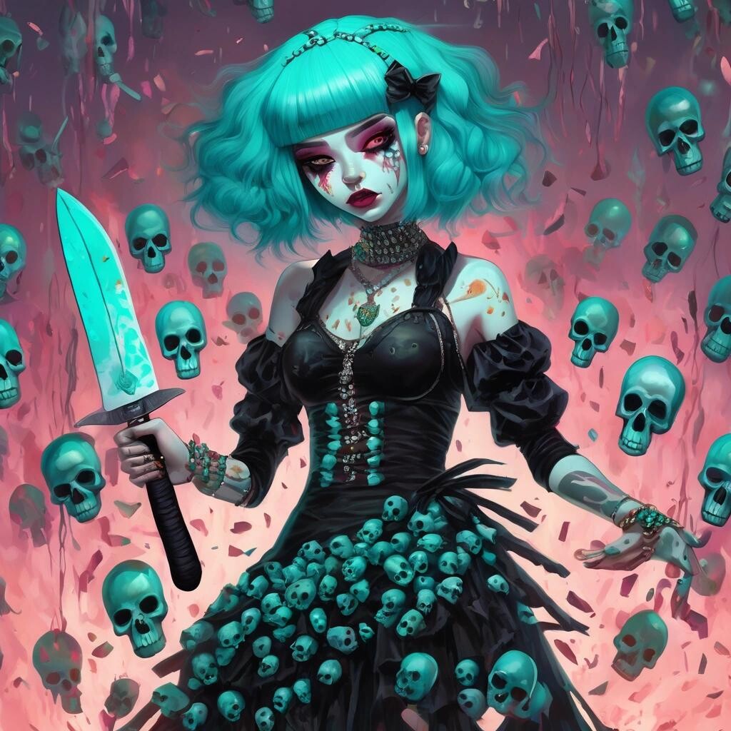 Image with seed 1058506849 generated via Stable Diffusion through @stablehorde@sigmoid.social. Prompt: a goth girl with turquoise hair wearing a dress made out of iridescent skulls wielding a machete