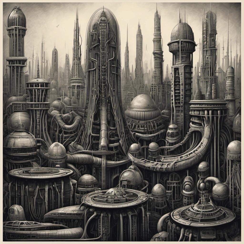 Image with seed 3159099005 generated via Stable Diffusion through @stablehorde@sigmoid.social. Prompt: a City Skyline in the style of H.R. Giger.